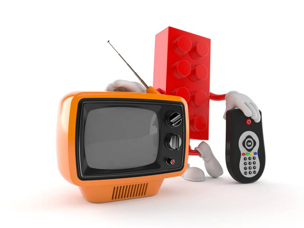 Televizyon seti olan ve beyaz arkaplanda uzaktan izole edilmiş oyuncak blok karakteri. 3d illüstrasyon - Fotoğraf, Görsel