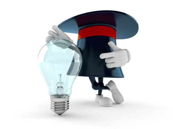 白い背景に孤立電球と魔法の帽子の文字。3Dイラスト - 写真・画像