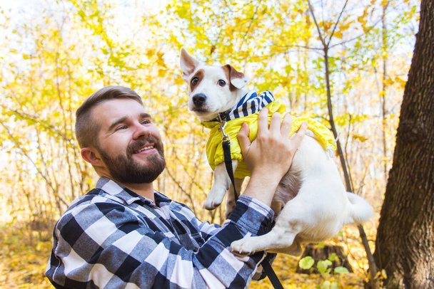 Man with his dog at autumn park. Guy playing with jack russell terrier outdoors. Pet and people concept. - Fotó, kép
