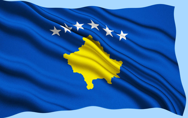 コソボ共和国の国旗は、 2008年2月17日のセルビアからのコソボ共和国の独立宣言の直後にコソボ議会によって採択された。. - 写真・画像
