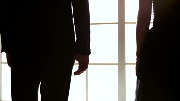 close up coppia unendo le mani indoor posteriore vista gli amanti tenendo le mani insieme - Filmati, video