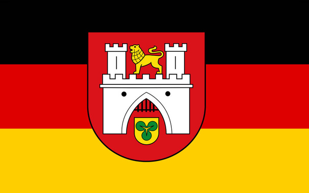 Flaga Hanoweru nad rzeką Leine, stolica kraju związkowego Dolna Saksonia (Niedersachsen), Niemcy - Zdjęcie, obraz