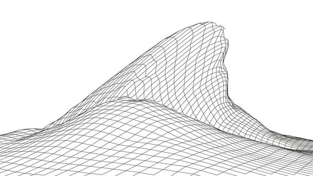 Montagne panoramiche wireframe 3D. Filo orizzontale wireframe. Paesaggio 3d. Digital retrò paesaggio cyber superficie. - Vettoriali, immagini