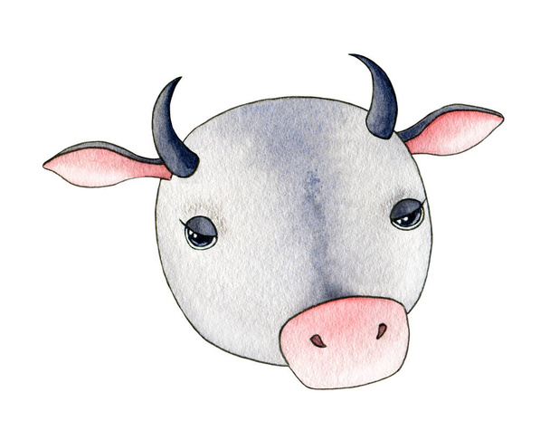 Мила мультяшна бичка або корова акварельна ілюстрація. Рука намалювала смішний символ зодіаку 2021 року. Смішний мультиплікаційний елемент портрета вола. Щасливі фермерські тварини ізольовані на білому тлі
 - Фото, зображення