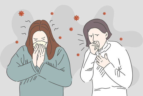 Young girls sneeze and cough. Caronavirus symptoms. Drawing in a linear style. Tread protection concept. - Vector, Image