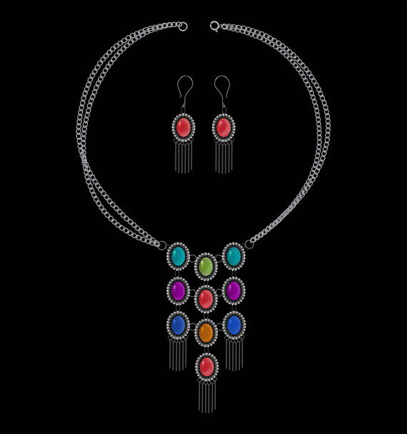 Illustrazione vettoriale di set di abbastanza realistico fatto a mano orientale arabo indiano zingaro collana catena e orecchini con pietre colorate   - Vettoriali, immagini