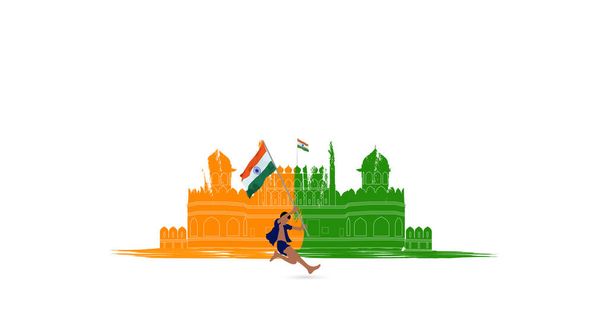 Vector Illustration for 15 серпня День Незалежності Індії. Радійте, коли діти стрибають з індійським прапором і кулями в руках.. - Вектор, зображення