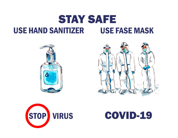 акварельная иллюстрация, мировой карантин-KAVID 19 коронавирусная инфекция, защитные маски, врачи в защитной одежде, иллюстрация вируса ковид-19, медицинский антисептик для рук. изолированные - Фото, изображение