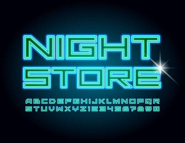 Vector trendy concept Night Store. Neon Blue and Green Font. Electric techno style Alphabet Letters and Numbers - Vektori, kuva