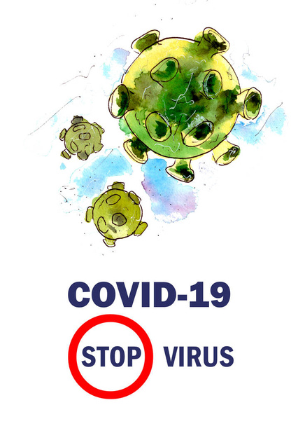 watercolor illustration, world quarantine monochrome image of CAVID-19 coronavirus infection isolated on a white background. - Photo, Image