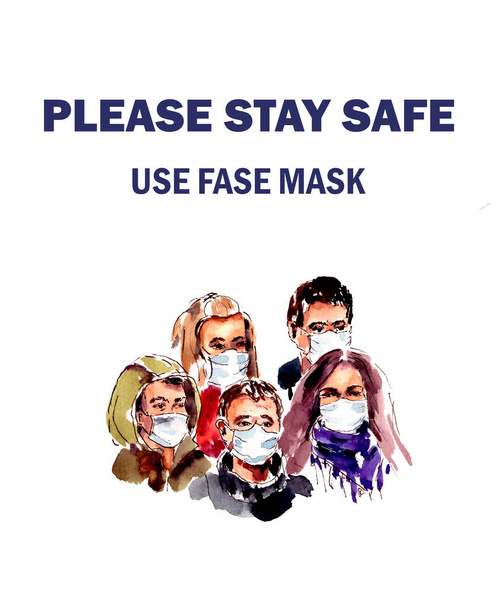 watercolor illustration, covid world quarantine 19 coronavirus infection, group of people in protective masks, virus prevention. isolated on a white background - Photo, Image