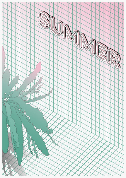 Planta tropical exótica mínima plana (samambaia de ninho de pássaro) e sinal de néon de verão, ilusão telhas sométricas e palmeira, fundo de ilustração estética simples - Vetor, Imagem