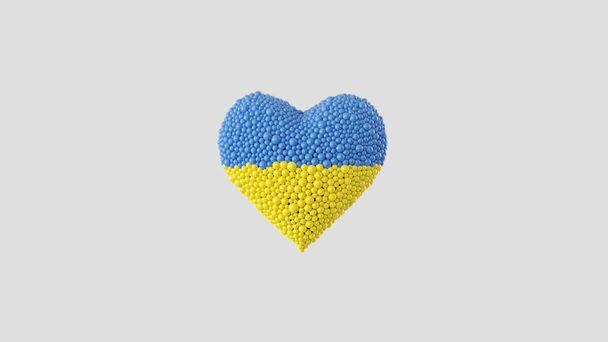 Independence day Ukraine. August 24. Heart shape made out of shiny spheres on white background. 3D rendering. - Фото, изображение