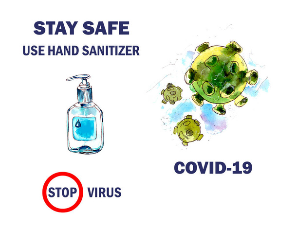 watercolor illustration, coronavirus infection, medical hand antiseptic, image of the COVID 19 virus. isolated on a white background - Photo, Image