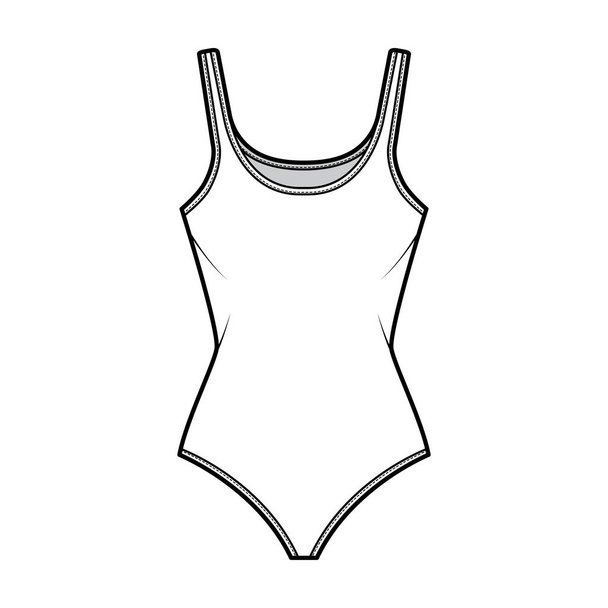 Cotton-jersey tank bodysuit technical fashion illustration with fitted knit body, sleeveless. Flat outwear cami - Vektör, Görsel