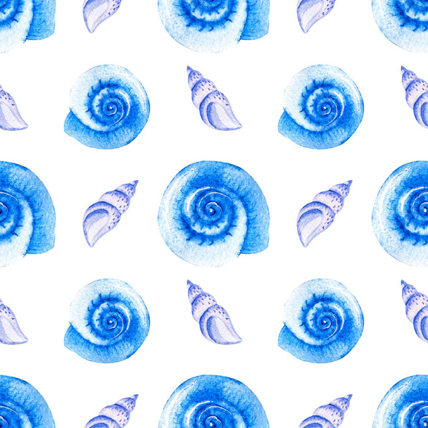 Watercolor seamless patterns with blue seashells on a white background. Perfect for postcards, patterns, banners, posters, nautical wallpapers, gift wrapping or clothing prints. - Photo, image