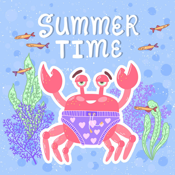 Placard template with hand drawn cute underwater crab, bright style flat design illustration. Retro art for covers, banners, flyers and posters. Eps 8 vector illustrations - Вектор,изображение
