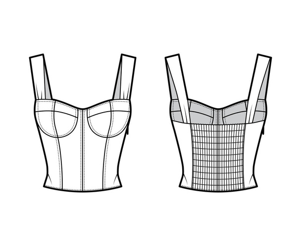 Joya recortada shirred corsé-estilo ahumado superior ilustración técnica de la moda con copas moldeadas, ajuste cercano, espalda con camisa - Vector, imagen