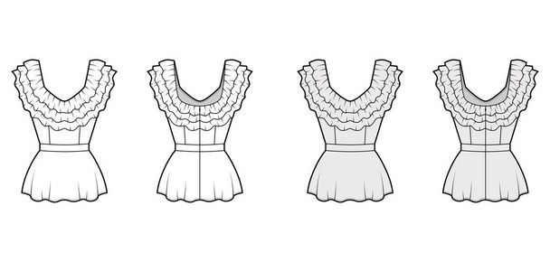 Peplum blouse technical fashion illustration with 3 layers of ruffles along the diamond neckline, back zip fastening. - Vector, Image