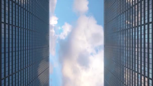 Самолет пролетает над офисными небоскребами против красивых голубых облаков, 4k - Кадры, видео