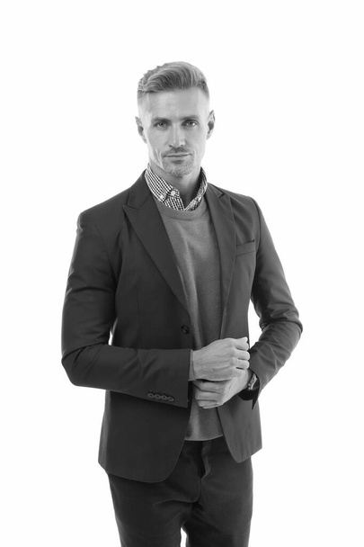 Man of style. Handsome man isolated on white. Serious man in formal style. Fashion look of mature man. Fashion wardrobe. Office style. Business attire. Menswear store. Dressing for work - Foto, Bild