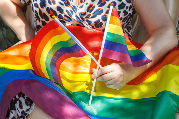 Sitzende Frau in einem gefleckten Kleid mit LGBT-Flagge auf dem Schoß und Regenbogenfahnen in der Hand - Foto, Bild