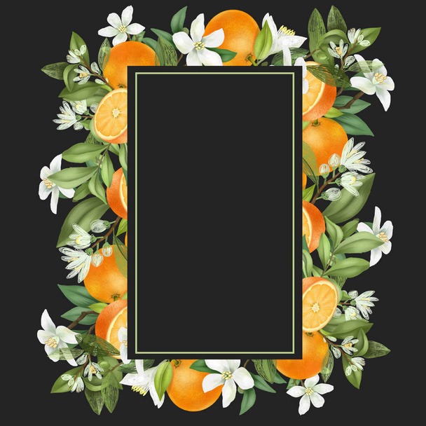 Quadro vertical de ramos de laranjeira floridos desenhados à mão, flores, laranjas no fundo escuro - Foto, Imagem