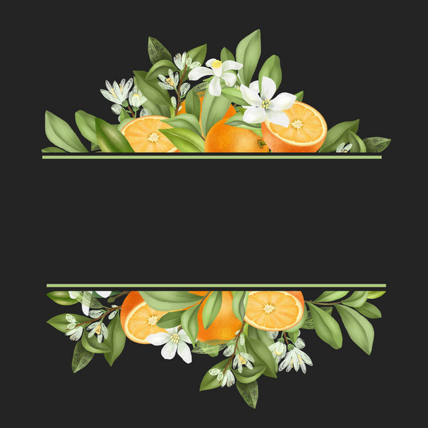 Πλαίσιο του χεριού που ανθίζουν κλαδιά πορτοκαλιάς, λουλούδια, πορτοκάλια σε λευκό φόντο - Φωτογραφία, εικόνα
