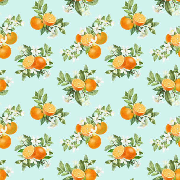 Seamless pattern with hand drawn blooming orange tree branches on a blue background - Foto, imagen
