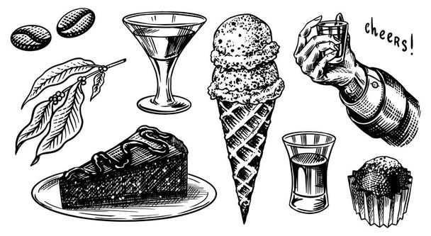 Liqueur dessert. Hand with a glass shot. Cheers toast. Ice cream and cake, glass with alcoholic drink. Engraved hand drawn vintage sketch. Woodcut style. Vector illustration for menu or poster. - Vector, Image