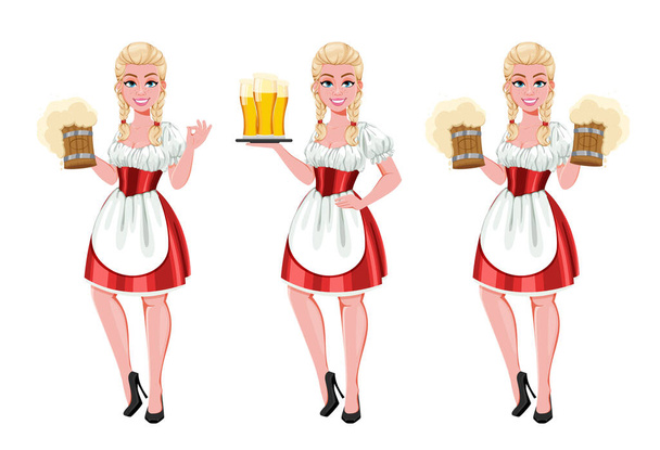 Duits meisje in traditioneel kostuum op Oktoberfest serveert bier, set van drie poses. Mooie vrouwelijke stripfiguur. Vectorillustratie - Vector, afbeelding