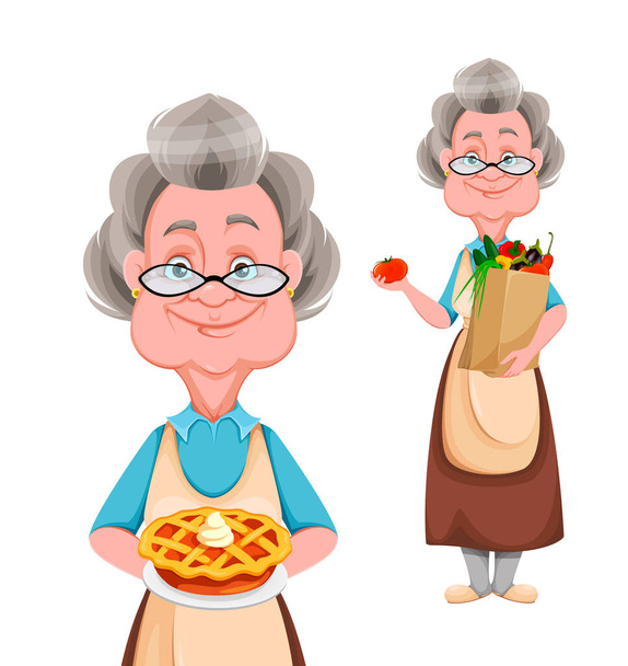 Gelukkige Grootouders dag, set van twee poses. Leuke glimlachende oude vrouw. Vrolijke oma stripfiguur met taart en een zak met groenten. Vectorillustratie - Vector, afbeelding