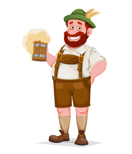 Man in Bavarian clothes holding beer, funny cartoon character. Munich beer festival Oktoberfest. Vector illustration - Wektor, obraz