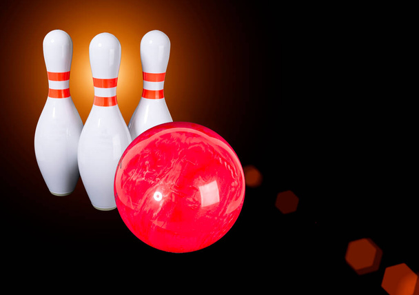 Bowling. Bowling ball and bowling pins on a beautiful light brown background. Place for your inscription. Copy space - Foto, afbeelding