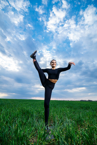 beautiful girl model on green grass do yoga. A beautiful brunette on a green lawn performs acrobatic elements. flexible gymnast in black is doing exercises - Фото, зображення