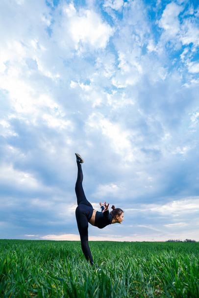 beautiful girl model on green grass do yoga. A beautiful brunette on a green lawn performs acrobatic elements. flexible gymnast in black is doing exercises - Fotó, kép