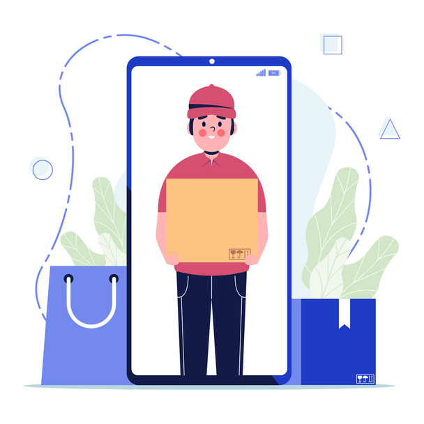 Courier from smartphone screen sending cardboard box isolated on background, online delivery service concept. Flat design vector illustration - Vector, Image