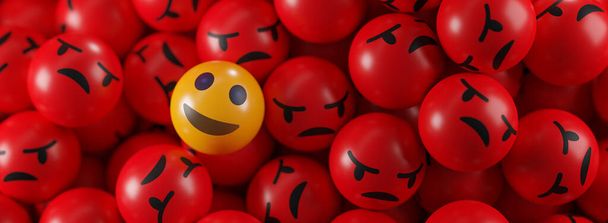 Sé feliz Concepto. Sonríe Emoji entre un montón de Emoticones enojados. Banner de representación 3D - Foto, Imagen