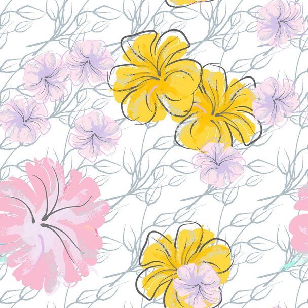 Pink Flowers Blooming Pattern. Pastel Watercolor. - Διάνυσμα, εικόνα
