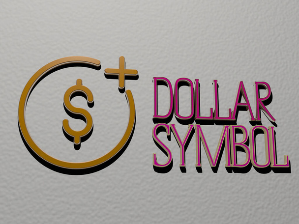 Ilustración 3D de gráficos de símbolos de dólares y texto hecho por letras de dados metálicos para los significados relacionados del concepto y presentaciones para negocios y dinero - Foto, imagen