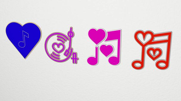 romantyczna muzyka 4 ikony zestaw, ilustracja 3D - Zdjęcie, obraz