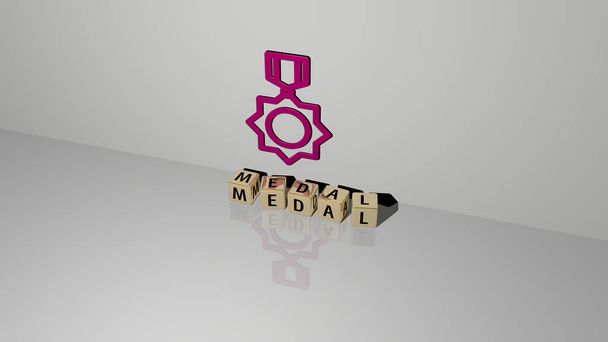 medal text of cubic dice letters on the floor and 3D icon on the wall, 3D illustration for award and gold - Photo, Image