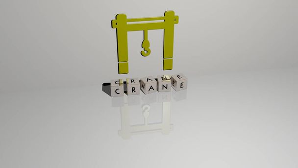 CRANE text of cubic dice letters on the floor and 3D icon on the wall, 3D illustration for construction and building - Photo, Image