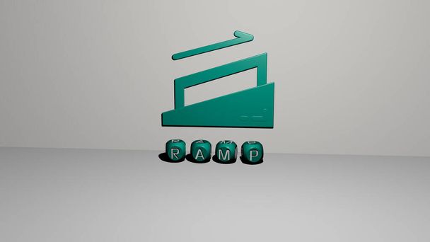 RAMP 3D-Symbol an der Wand und Text der kubischen Alphabete auf dem Boden, 3D-Illustration für Flughafen und Hintergrund - Foto, Bild