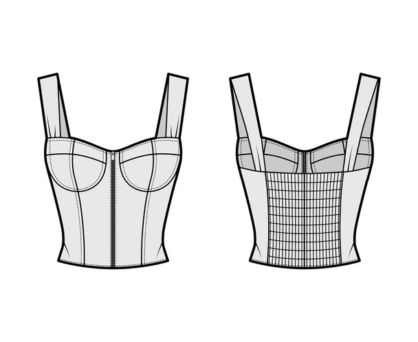 Zip-up gioiello tagliato shirred corsetto stile smocked top illustrazione tecnica di moda con coppe stampate, shirred indietro - Vettoriali, immagini
