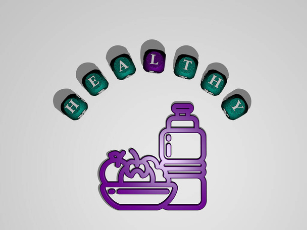 GESUNDHEIT-Symbol umgeben vom Text einzelner Buchstaben, 3D-Illustration für Hintergrund und Lebensmittel - Foto, Bild