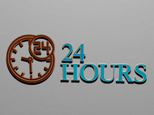 3D weergave van 24 uur met icoon op de muur en tekst gerangschikt door metalen kubieke letters op een spiegel vloer voor concept betekenis en diavoorstelling presentatie voor 24 en redactionele - Foto, afbeelding