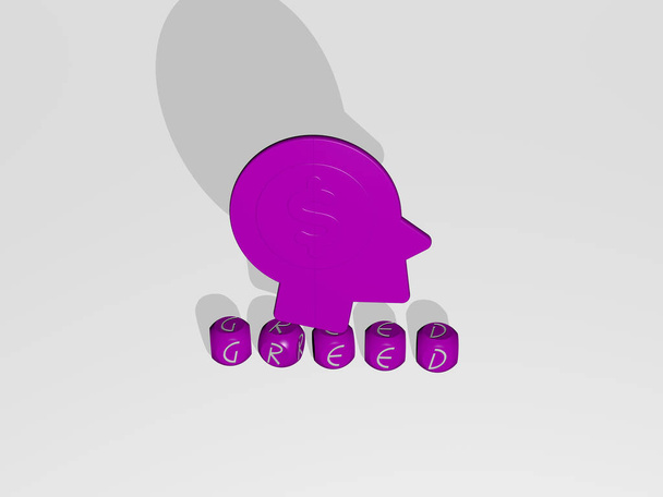 ícone 3D ganância sobre letras cúbicas, ilustração 3D para negócios e conceito - Foto, Imagem