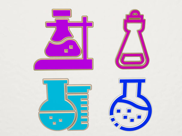 Набор иконок FLASK 4, 3D иллюстрация для химии и химии - Фото, изображение