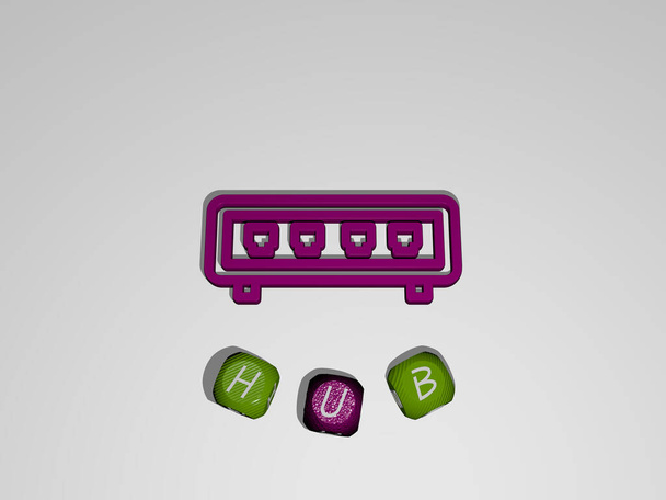 HUB szöveg a 3D ikon körül, 3D illusztráció szerkesztőségnek és városnak - Fotó, kép